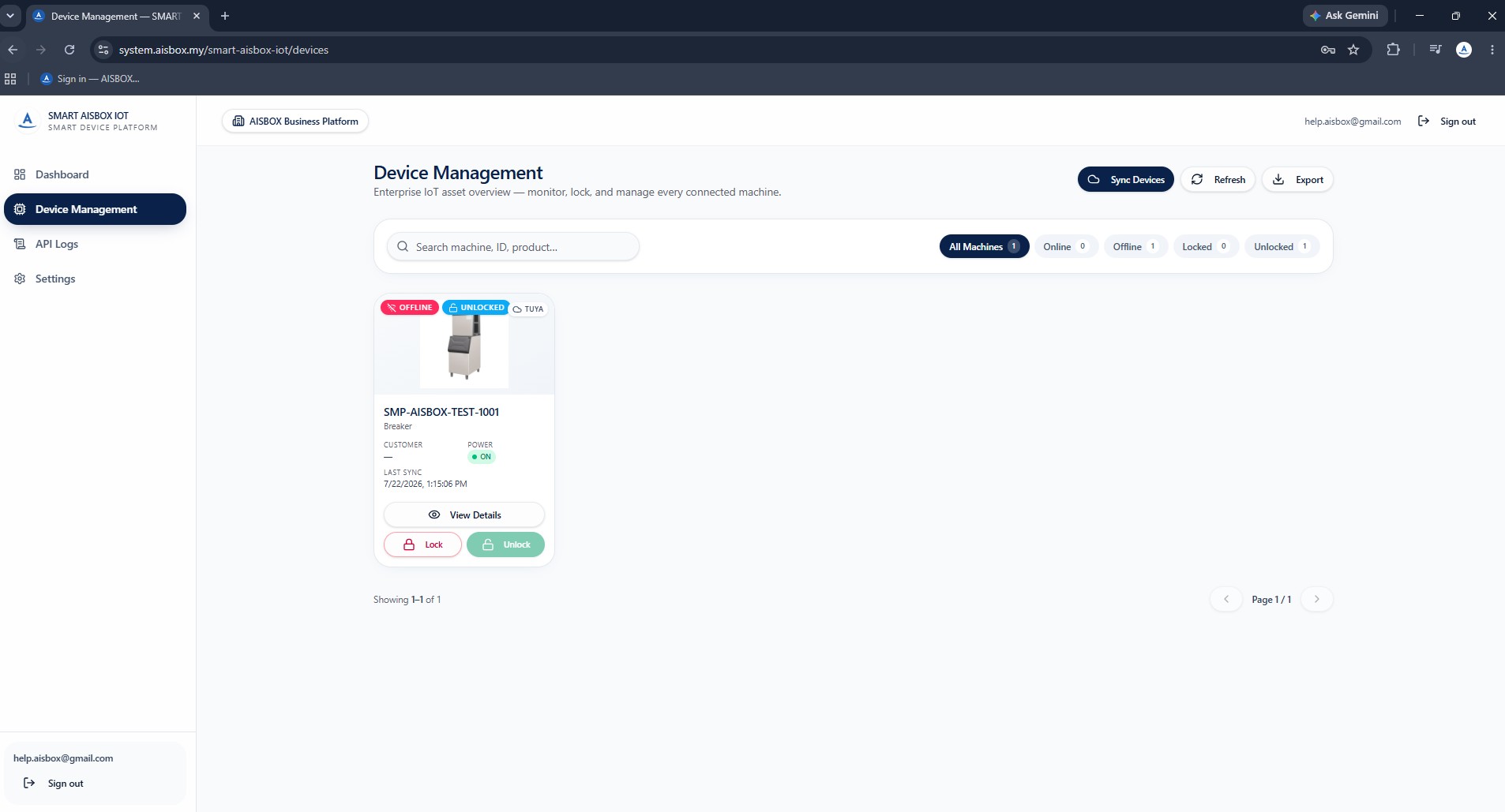 AISBOX IoT device management dashboard